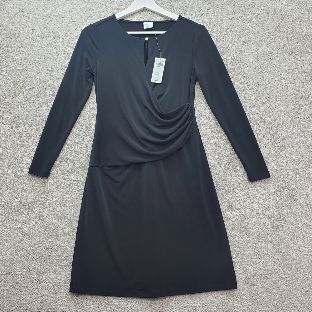 Abercrombie‎ Fitch Black Draped Ruched Long Sleeve Keyhole V Neck Dress XXS
